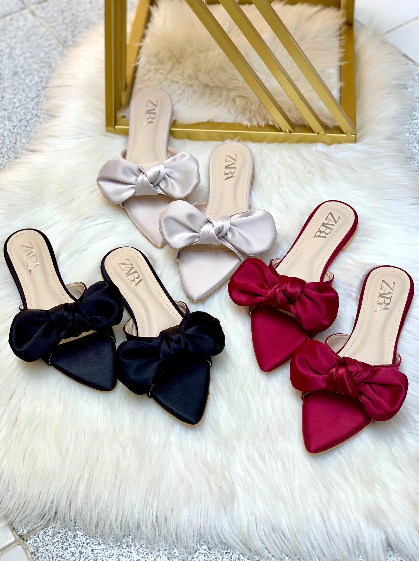 ZARA Big Bow Flat Slippers – Elegant Women Footwear with Brand Box (Maroon)