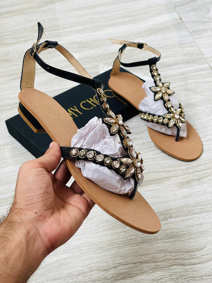 JIMMY CHOO-Inspired Embroidered Sandals – Luxury Women Footwear with Brand Box(Black)