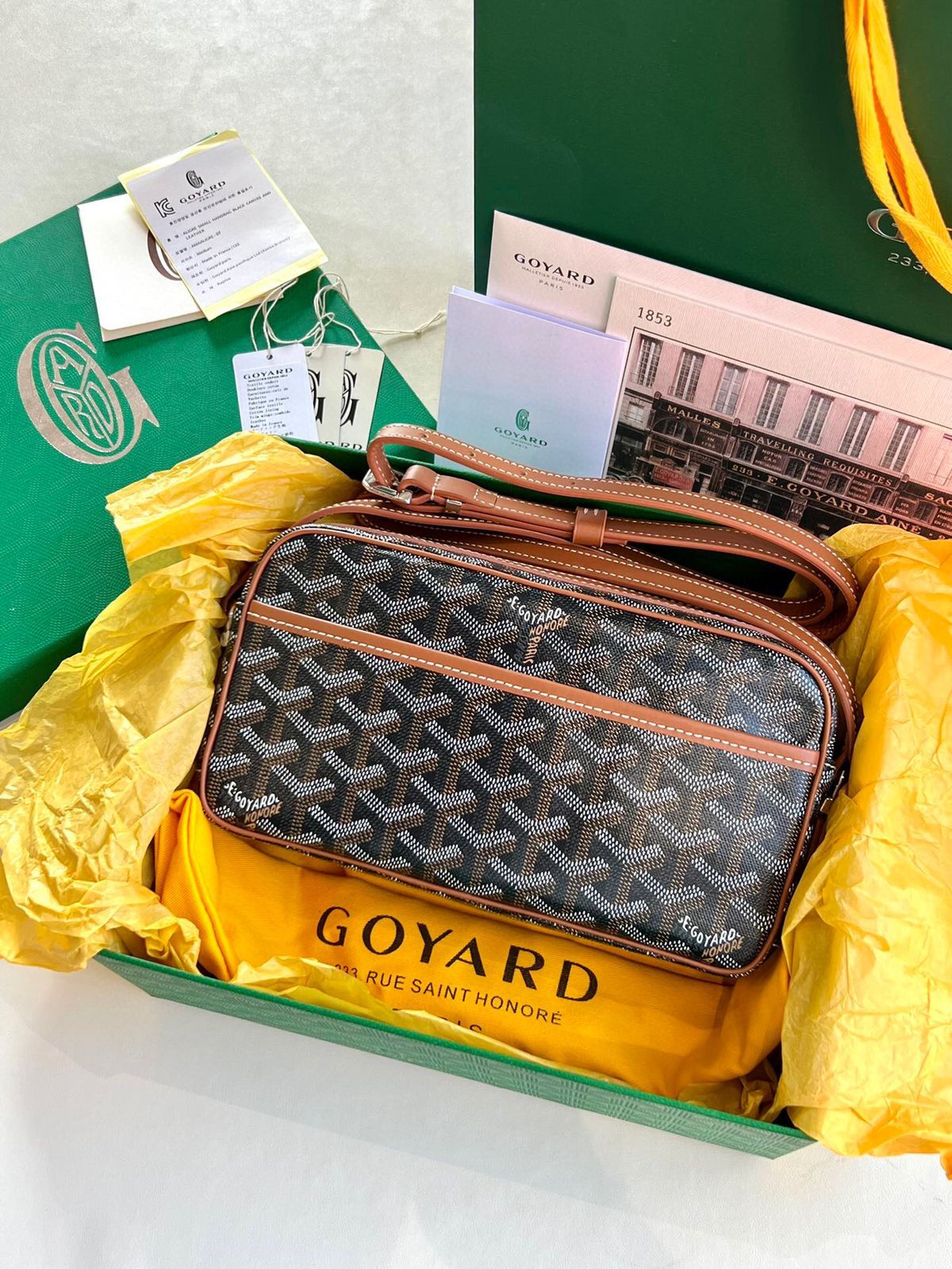 GOYARD-Inspired Crossbody Bag – Stylish Women Bag with Full Branding & Long Belt(Brown)