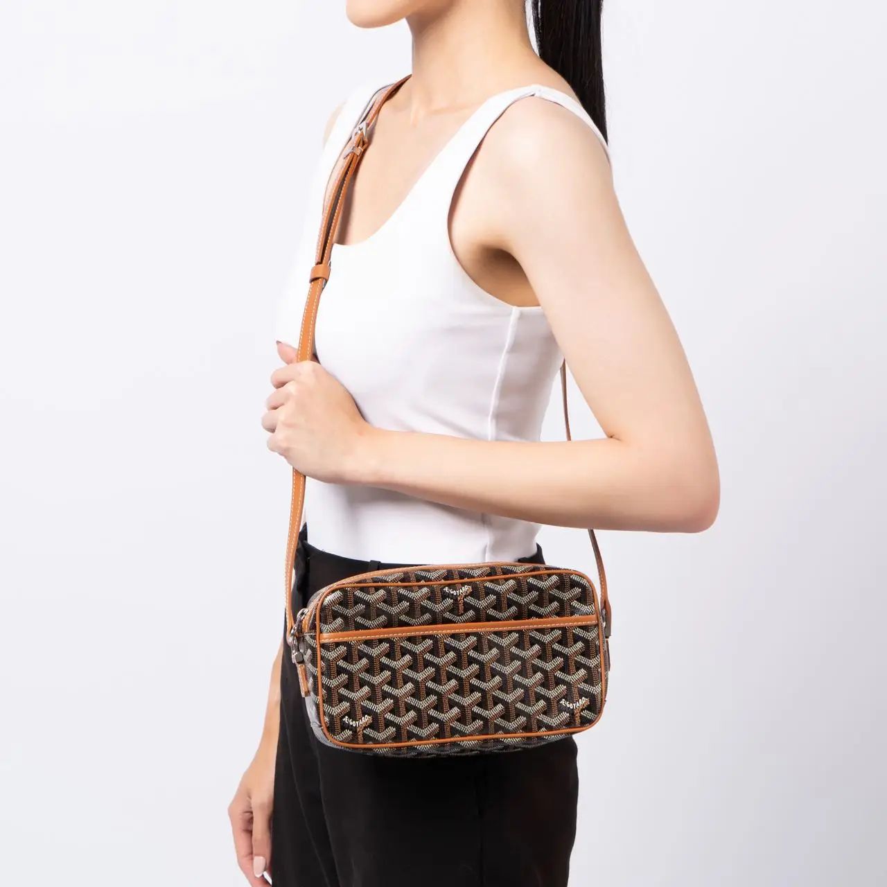 GOYARD-Inspired Crossbody Bag – Stylish Women Bag with Full Branding & Long Belt(Brown)