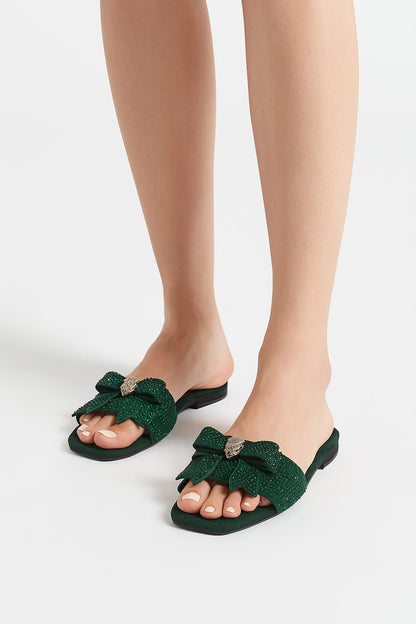 Kurt Geiger-Inspired Stone Flat Bow Slippers | Premium Women Footwear with Brand Box(Green)