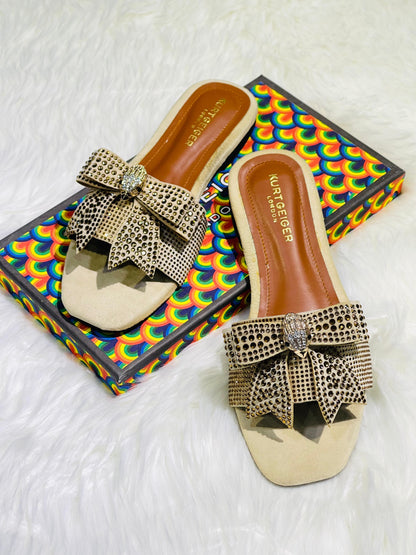 Kurt Geiger-Inspired Stone Flat Bow Slippers | Premium Women Footwear with Brand Box(Cream)