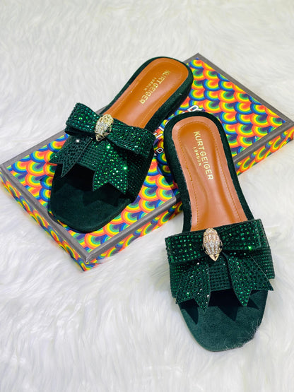 Kurt Geiger-Inspired Stone Flat Bow Slippers | Premium Women Footwear with Brand Box(Green)