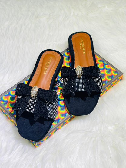 Kurt Geiger-Inspired Stone Flat Bow Slippers | Premium Women Footwear with Brand Box(Black)