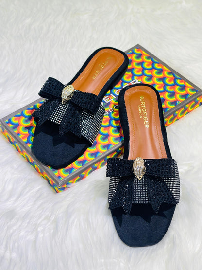 Kurt Geiger-Inspired Stone Flat Bow Slippers | Premium Women Footwear with Brand Box(Black)