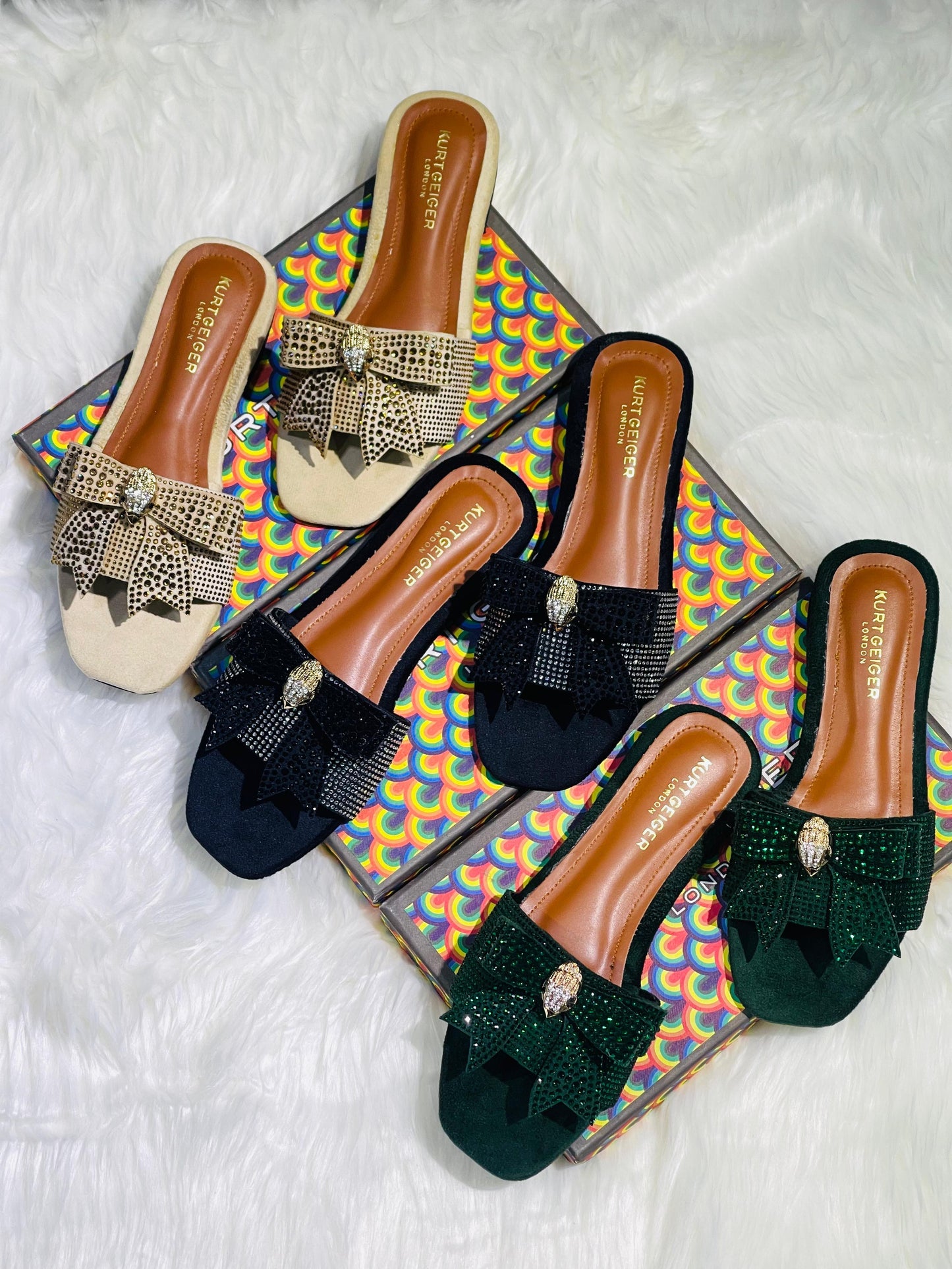 Kurt Geiger-Inspired Stone Flat Bow Slippers | Premium Women Footwear with Brand Box(Green)