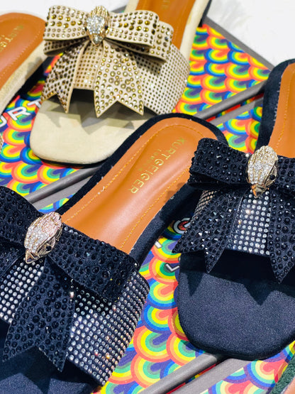 Kurt Geiger-Inspired Stone Flat Bow Slippers | Premium Women Footwear with Brand Box(Black)