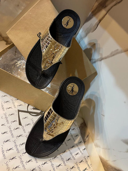 YSL Women Flip-Flops – Elegant Comfort with Signature Style(Gold)