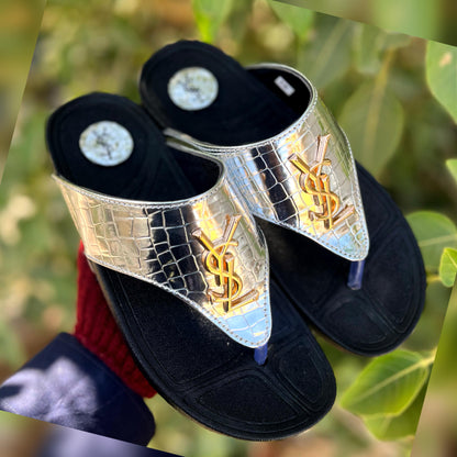 YSL Women Flip-Flops – Elegant Comfort with Signature Style(Silver)