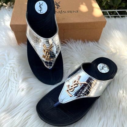 YSL Women Flip-Flops – Elegant Comfort with Signature Style(Silver)