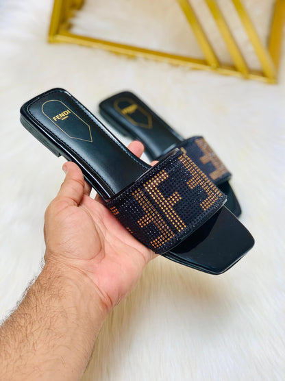 FENDI Stone Women Slippers – Elegant & Stylish Comfort (Black/Gold)