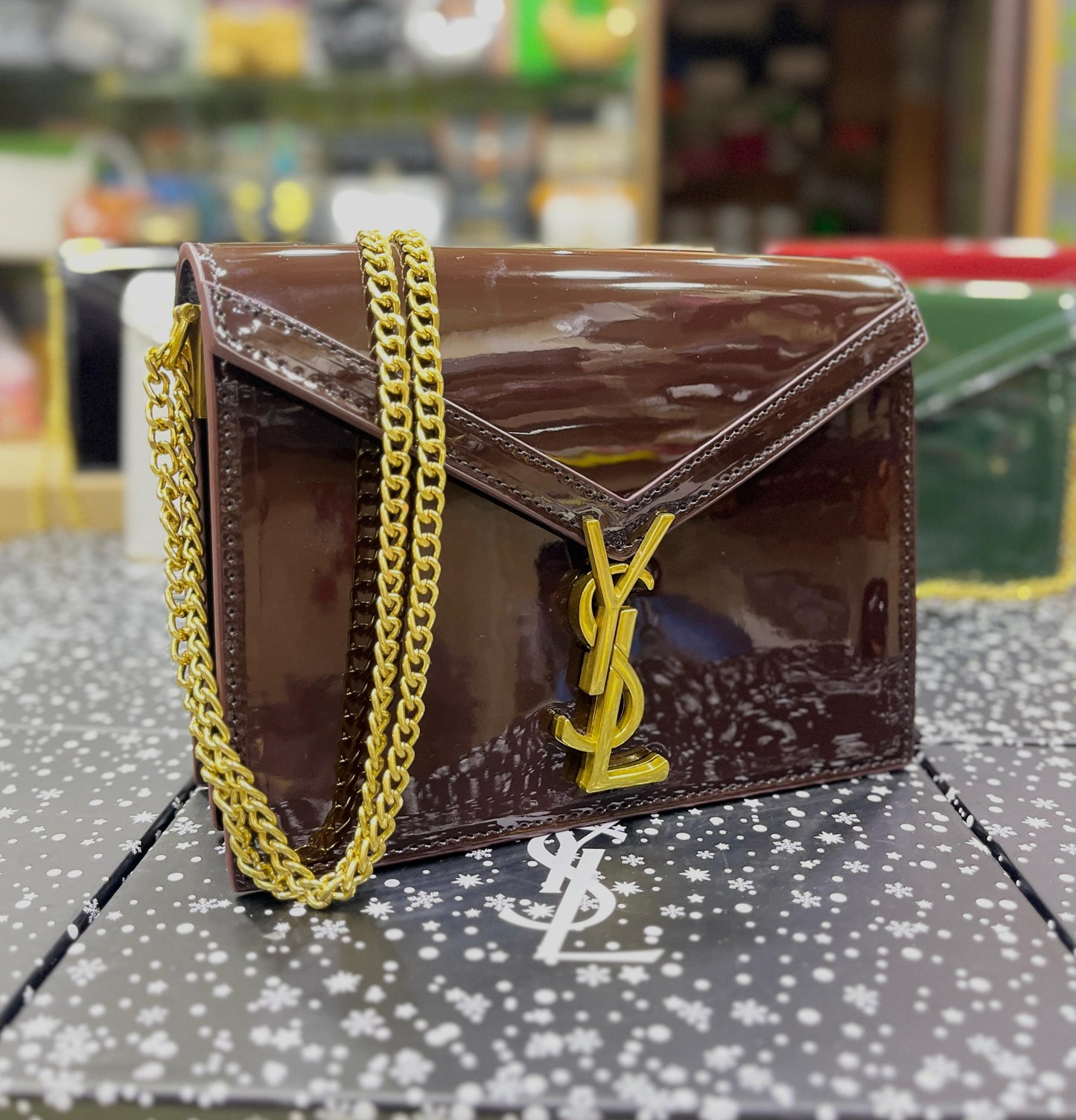 YSL Saint Laurent Cassandra Patent Leather Wallet on a Chain  (Brown 1)