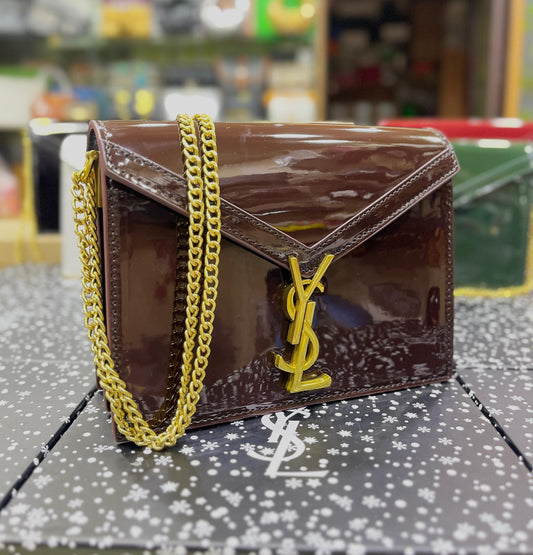 YSL Saint Laurent Cassandra Patent Leather Wallet on a Chain  (Brown 1)
