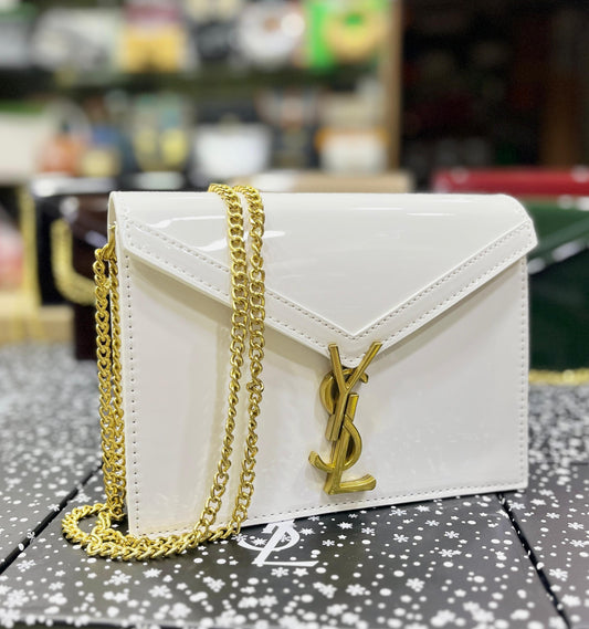 YSL Saint Laurent Cassandra Patent Leather Wallet on a Chain 💼✨ (White)