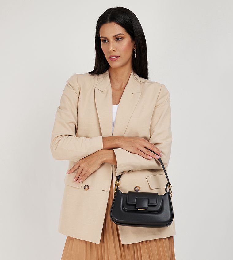 CHARLES & KEITH – Koa Leather Push-Lock Top Handle Bag (Black)