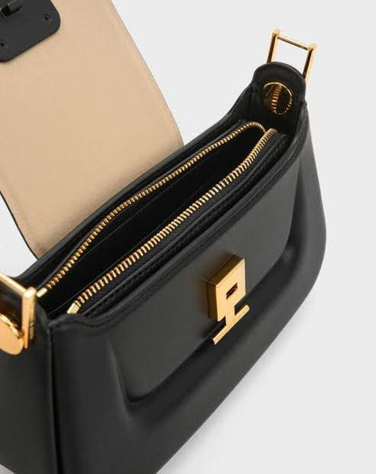 CHARLES & KEITH – Koa Leather Push-Lock Top Handle Bag (Black)