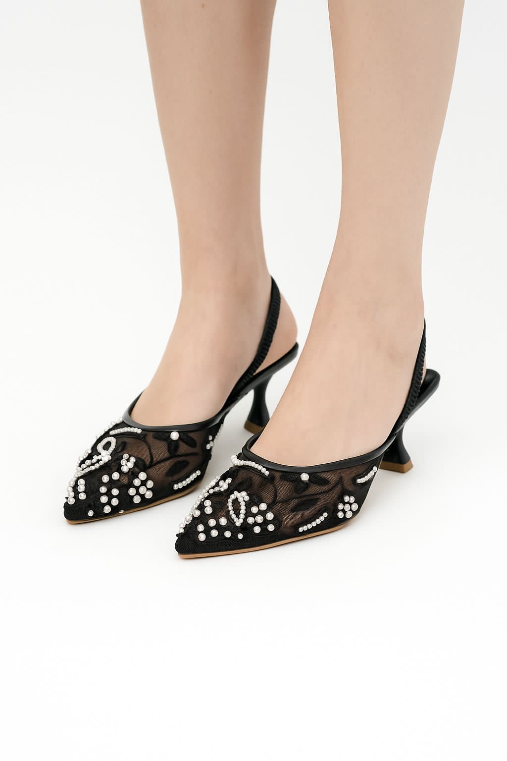 ZARA Embroidered Net Pumps for Women (Black)