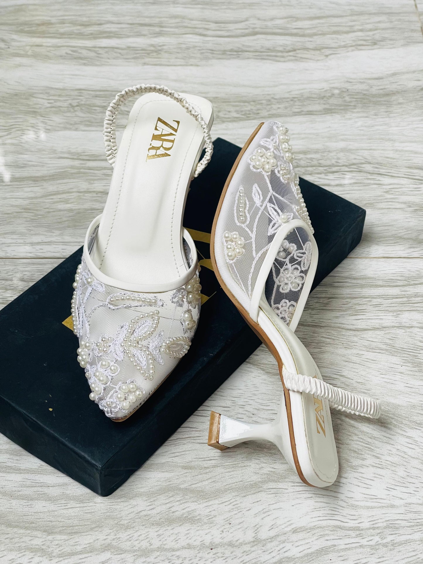 ZARA Embroidered Net Pumps for Women (White)