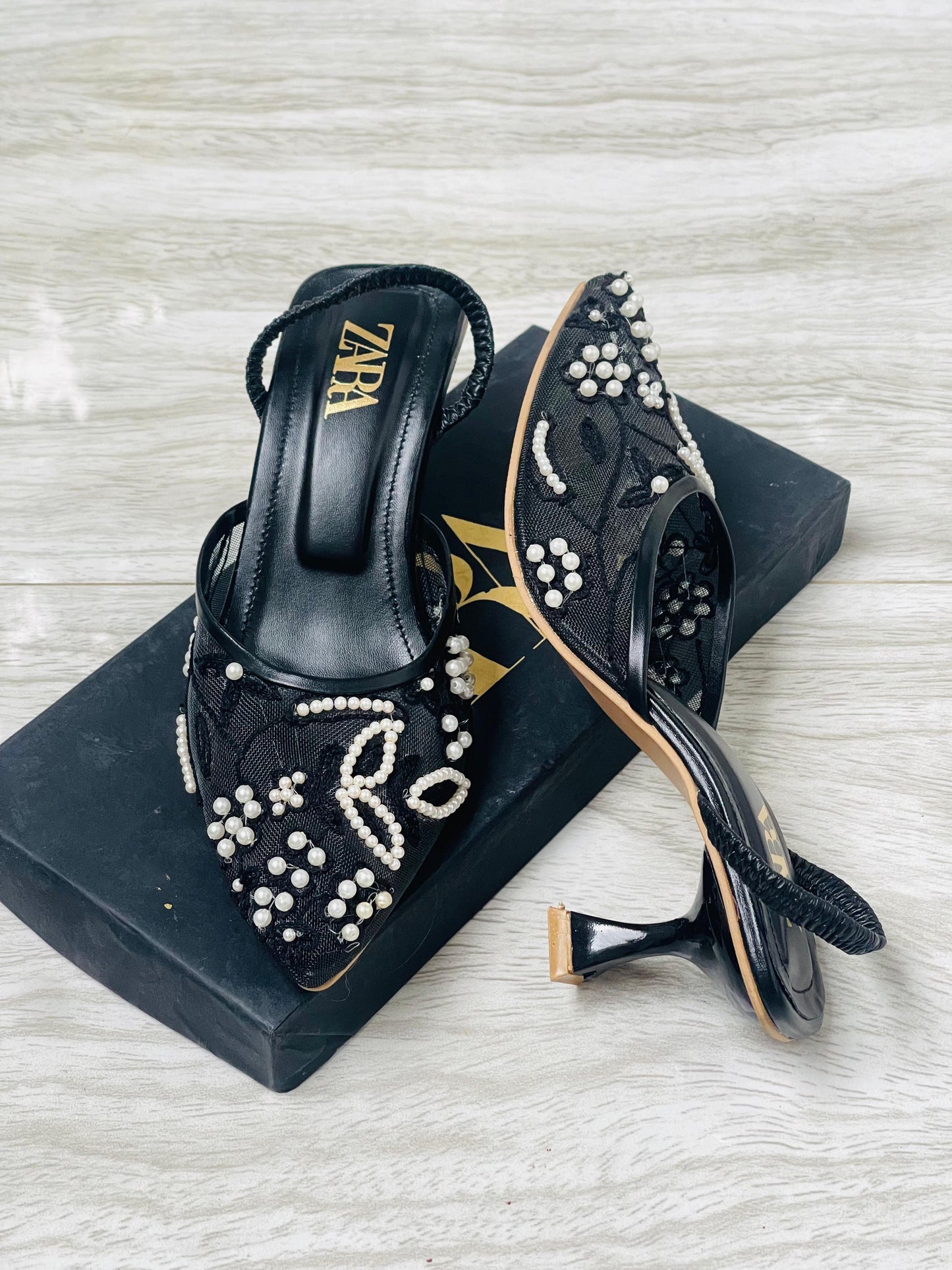 ZARA Embroidered Net Pumps for Women (Black)