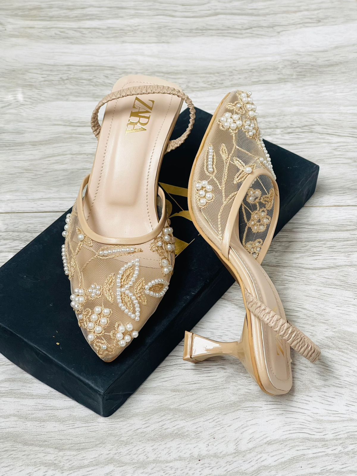 ZARA Embroidered Net Pumps for Women (Beige)