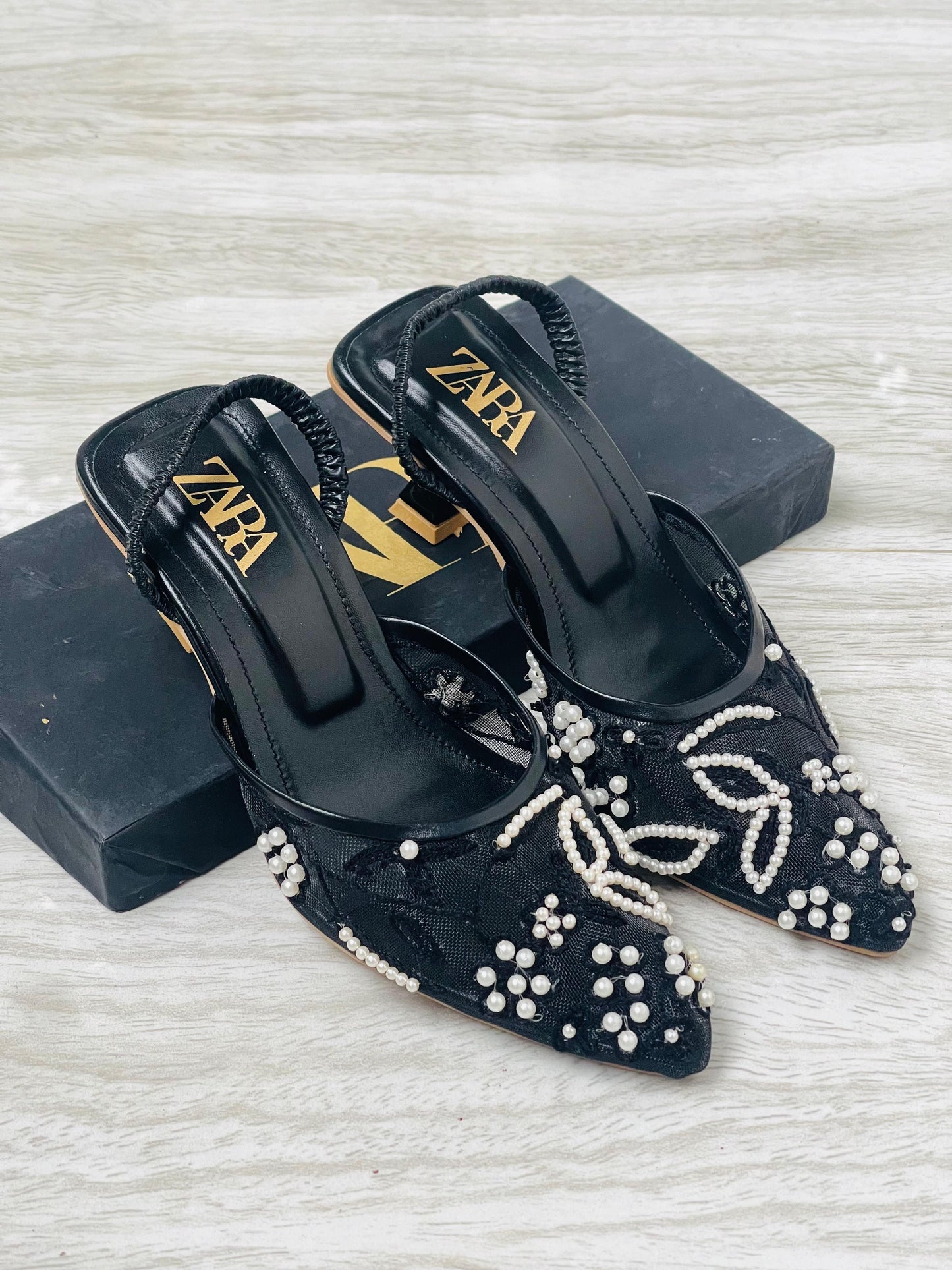ZARA Embroidered Net Pumps for Women (Black)