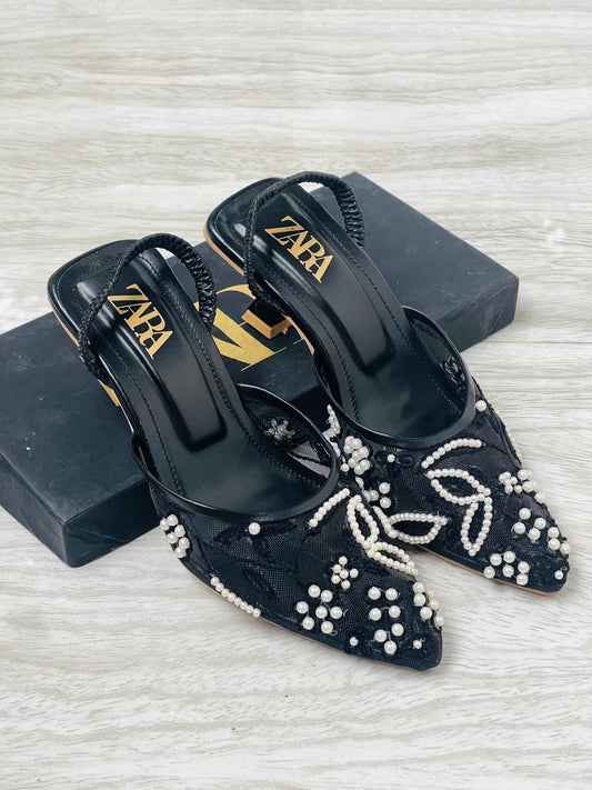 ZARA Embroidered Net Pumps for Women (Black)