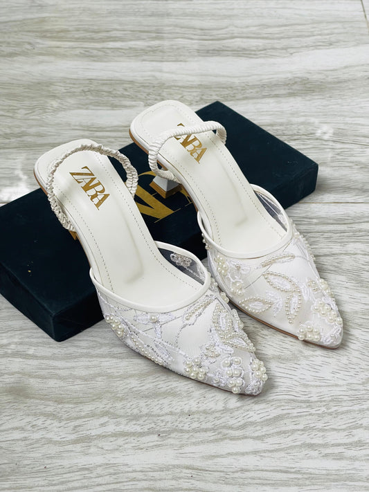 ZARA Embroidered Net Pumps for Women (White)