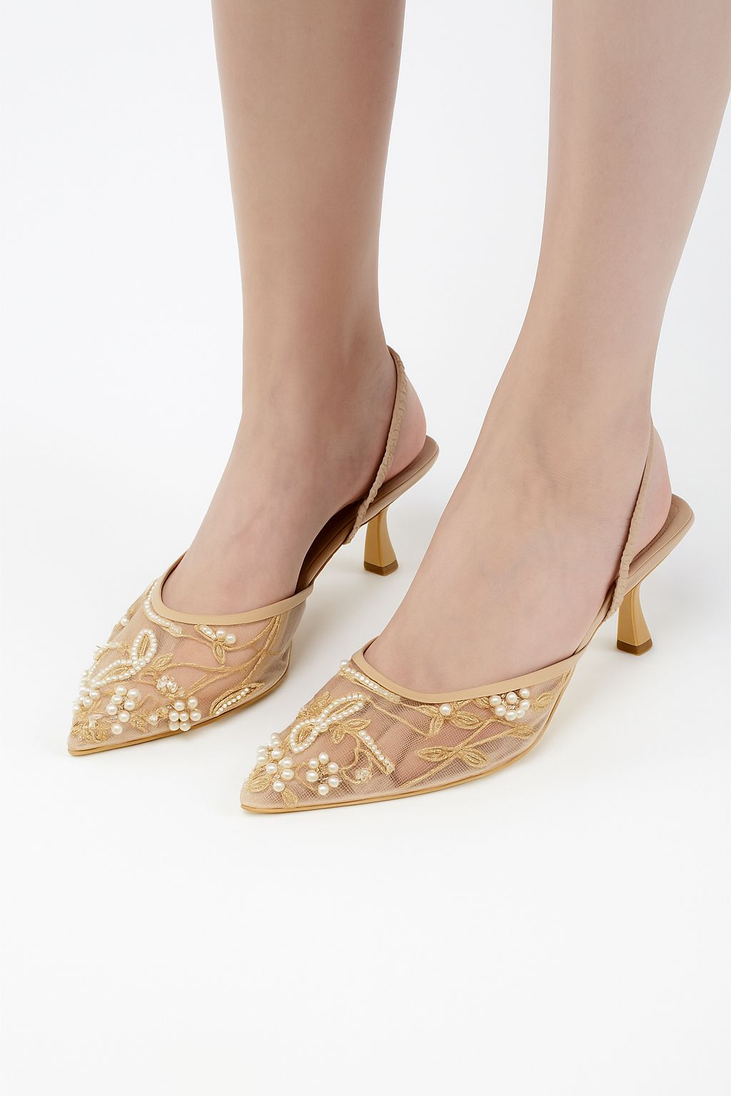 ZARA Embroidered Net Pumps for Women (Beige)