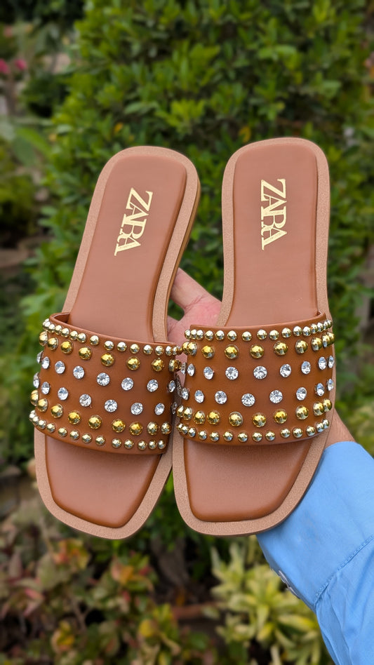 ZARA Pearl & Diamond Sliders – Premium Quality with Branded Box (Bronze)