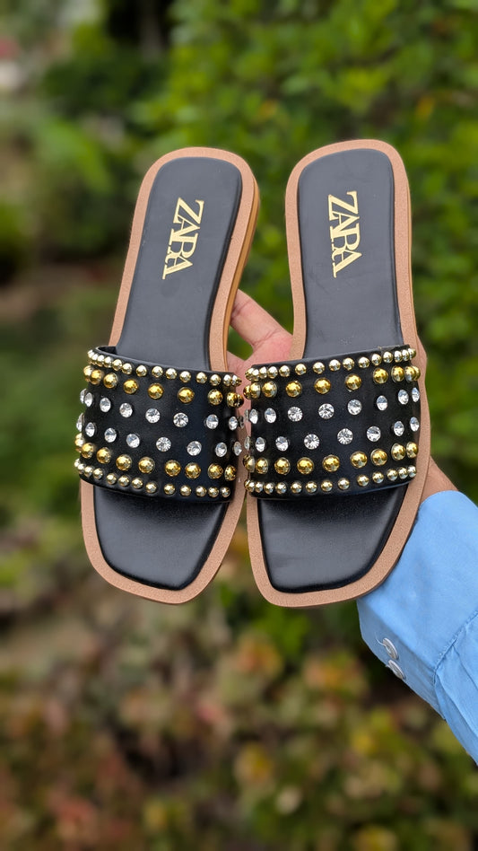 ZARA Pearl & Diamond Sliders – Premium Quality with Branded Box (Black)