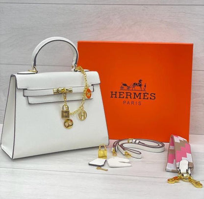HERMES Kelly Women Bag – Premium Handbag with Long Belt & Brand Box (White)