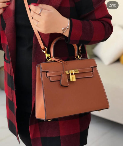 HERMES Kelly Women Bag – Premium Handbag with Long Belt & Brand Box (Camel Brown)