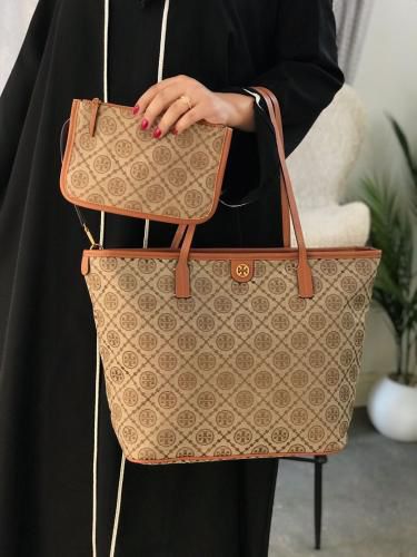 Tory Burch Monogram Zip Tote Women Bag with Pouch – Official Model 2025(Brown)