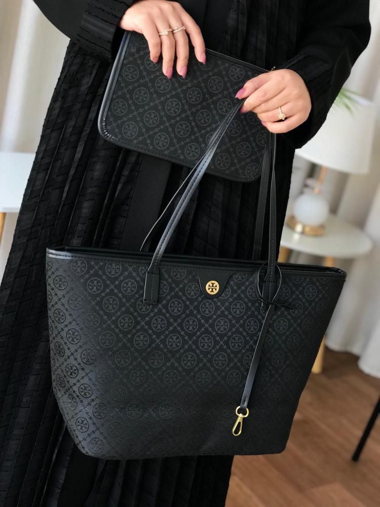 Tory Burch Monogram Zip Tote Women Bag with Pouch – Official Model 2025(Black)