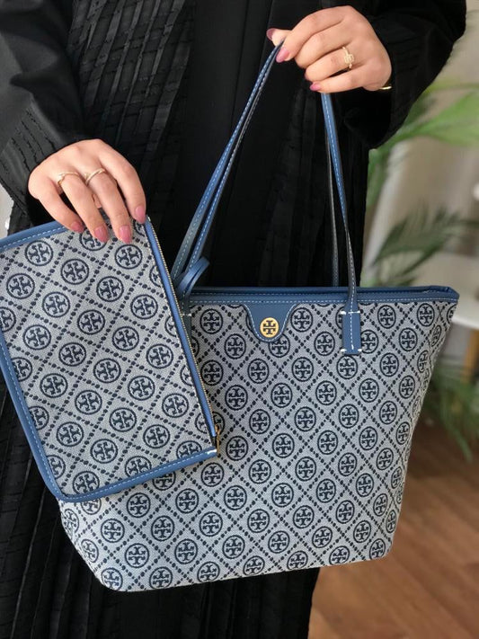 Tory Burch Monogram Zip Tote Women Bag with Pouch – Official Model 2025(Blue)