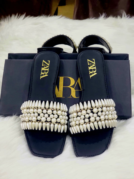 Zara Pearls Women Slippers – Best Quality with Elegant Design(Black)