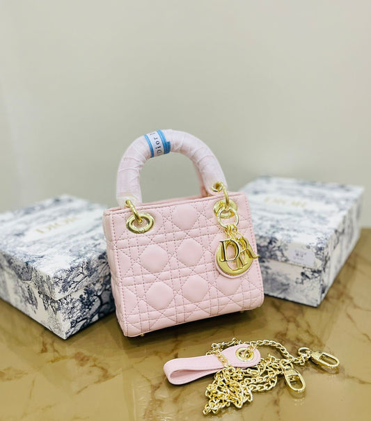 Lady Dior Premium Quality Handbag – With Box, Card, Envelope & Long Chain(Pink)