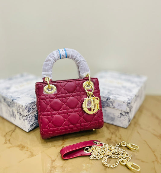 Lady Dior Premium Quality Handbag – With Box, Card, Envelope & Long Chain(Red)