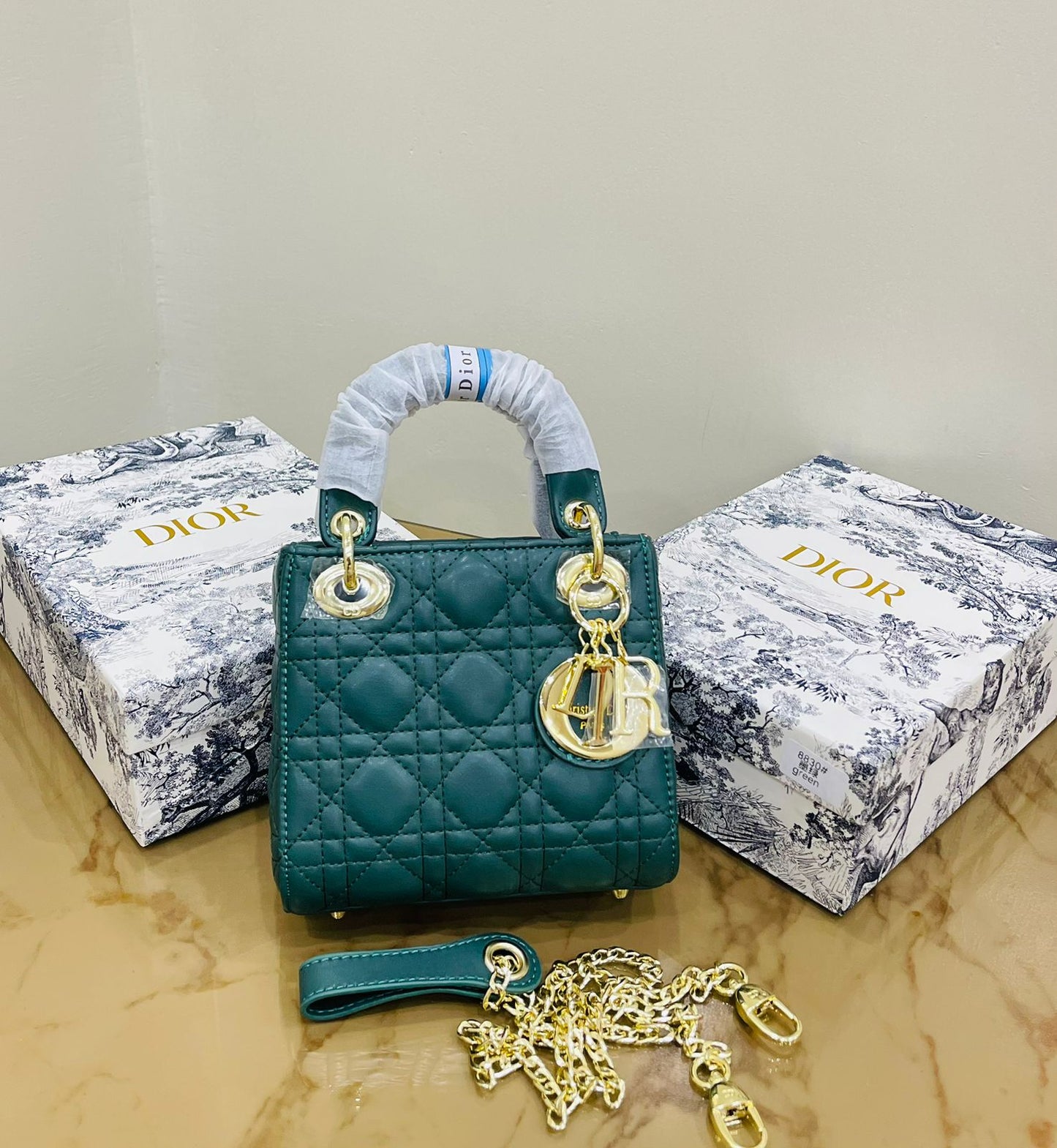 Lady Dior Premium Quality Handbag – With Box, Card, Envelope & Long Chain(Green)