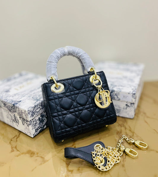Lady Dior Premium Quality Handbag – With Box, Card, Envelope & Long Chain(Black)