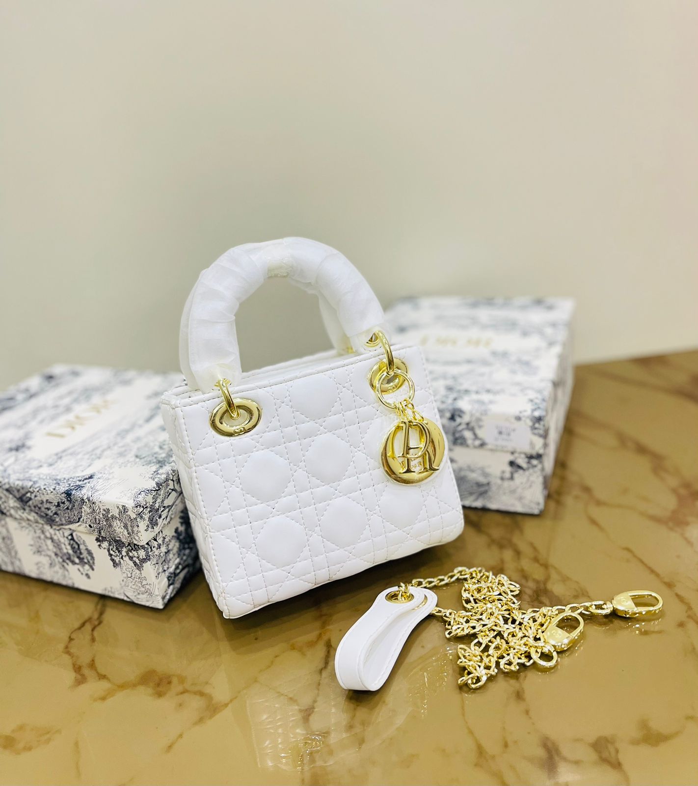Lady Dior Premium Quality Handbag – With Box, Card, Envelope & Long Chain(White)