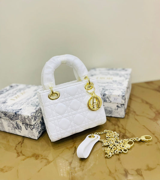 Lady Dior Premium Quality Handbag – With Box, Card, Envelope & Long Chain(White)
