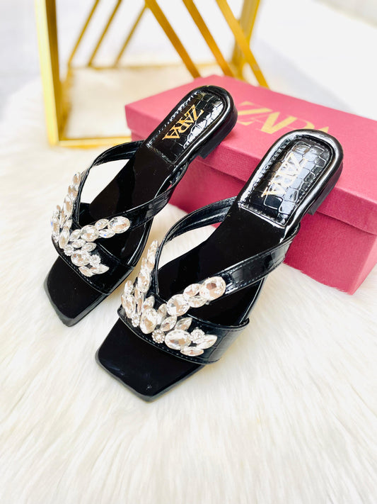 ZARA STONE FLAT SLIPPERS – Women Footwear(Black)