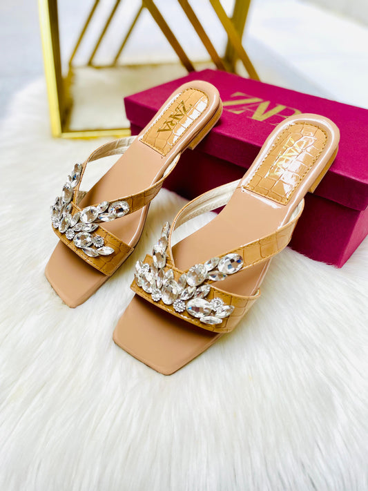 ZARA STONE FLAT SLIPPERS – Women Footwear(Beige)