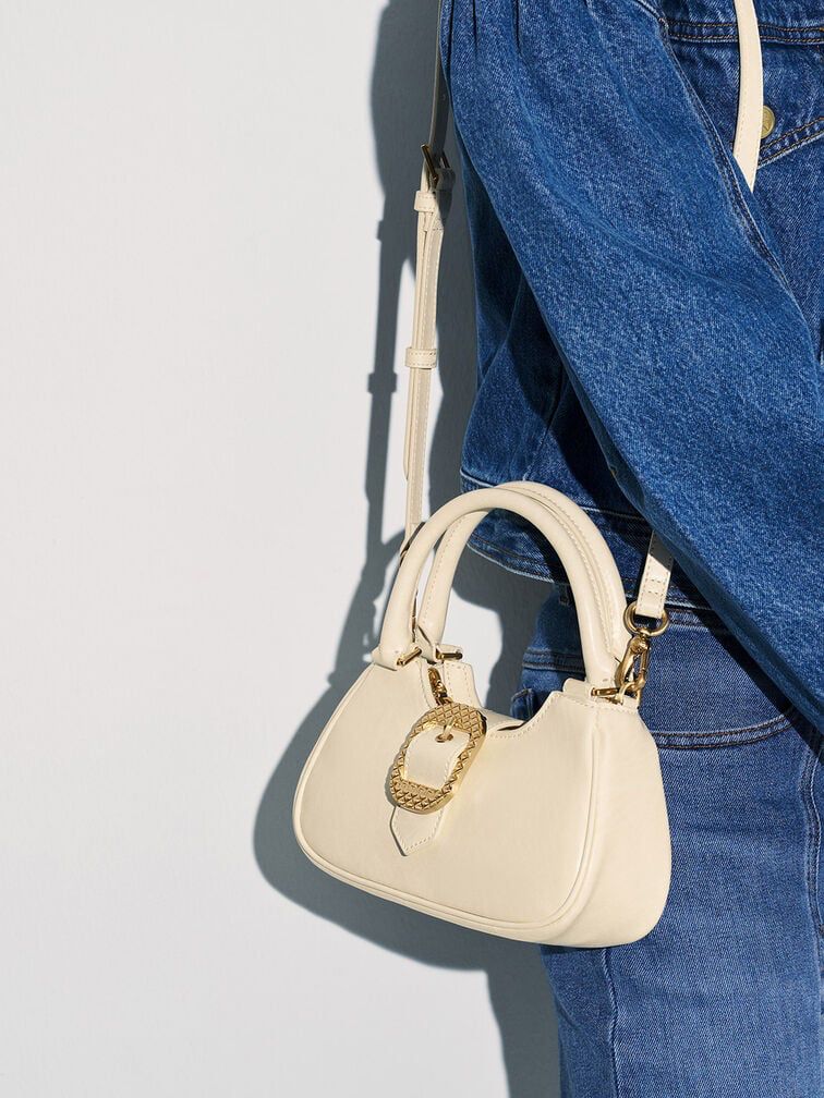 CHARLES & KEITH Avis Belted Top Handle – Women Bag (Faux Shearling) (White)