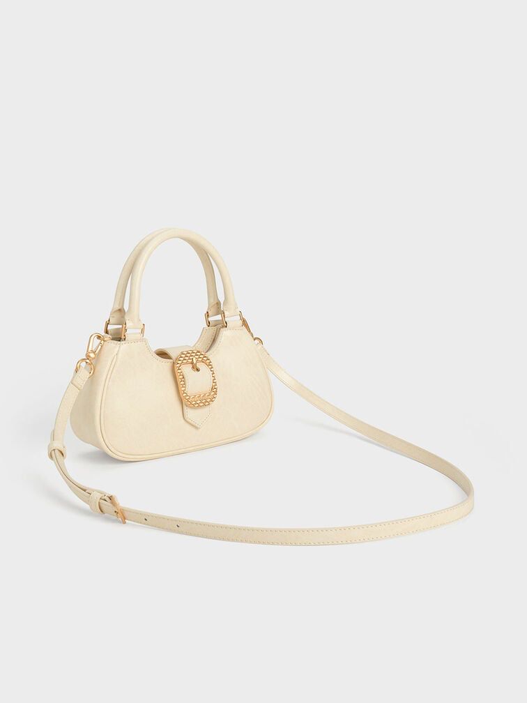 CHARLES & KEITH Avis Belted Top Handle – Women Bag (Faux Shearling) (White)