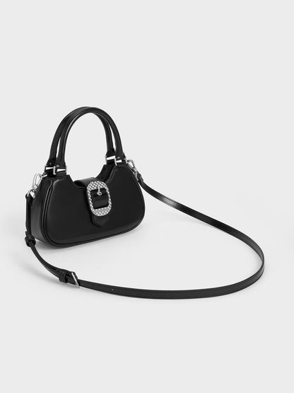 CHARLES & KEITH Avis Belted Top Handle – Women Bag (Faux Shearling) (Black)