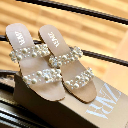 ZARA Women Slippers – With Brand Box (White/Brown)