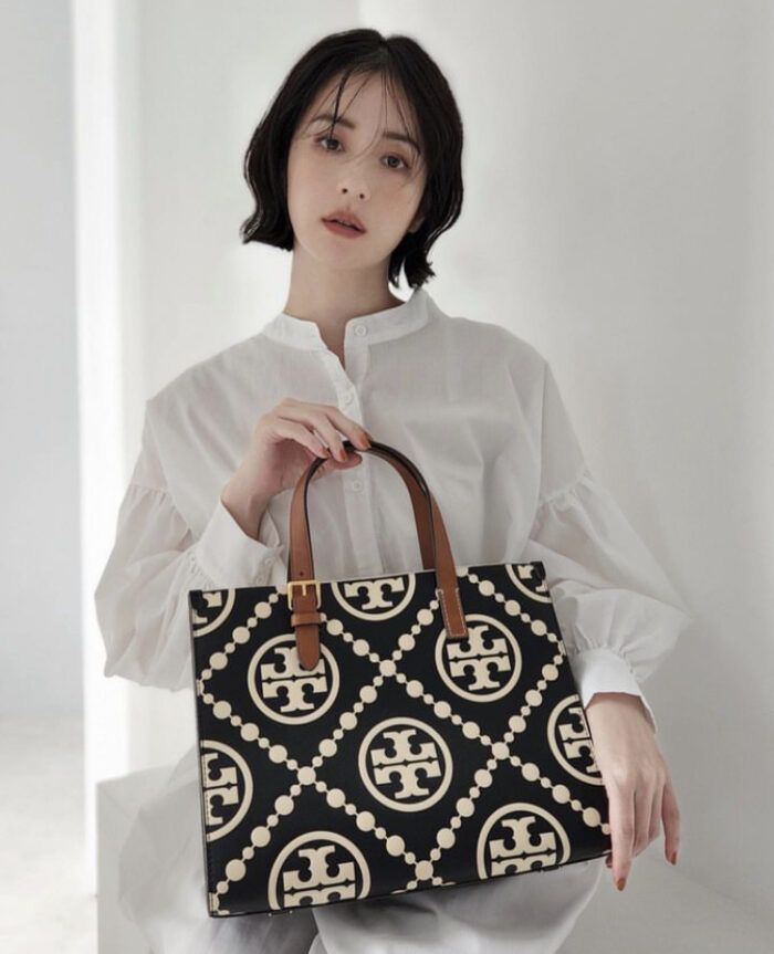 TORY BURCH Mini T Monogram Tote – Women Bag (Leather) (Black)