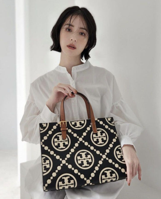 TORY BURCH Mini T Monogram Tote – Women Bag (Leather) (Black)
